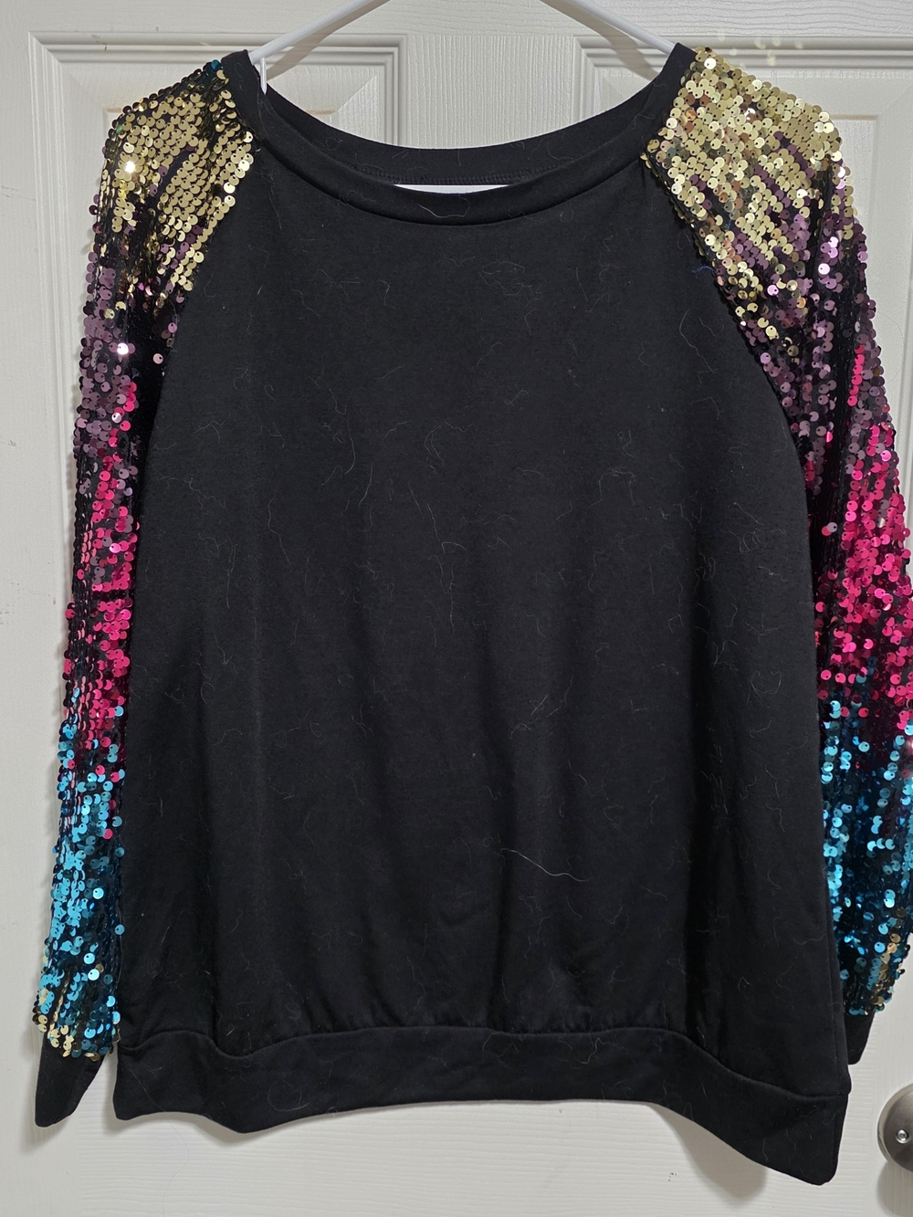 3/20$ BloomChic Black Sweatshirt with Gold, Pink & Blue Sequin Raglan Sleeves